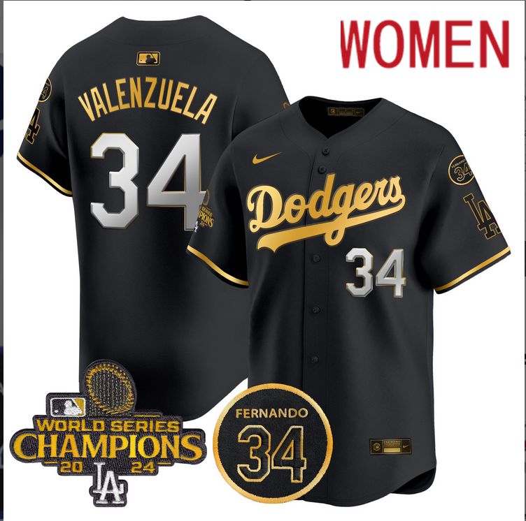 Women MLB Los Angeles Dodgers #34 Valenzuela black 2024 World Series Champions Patch Limited Jersey